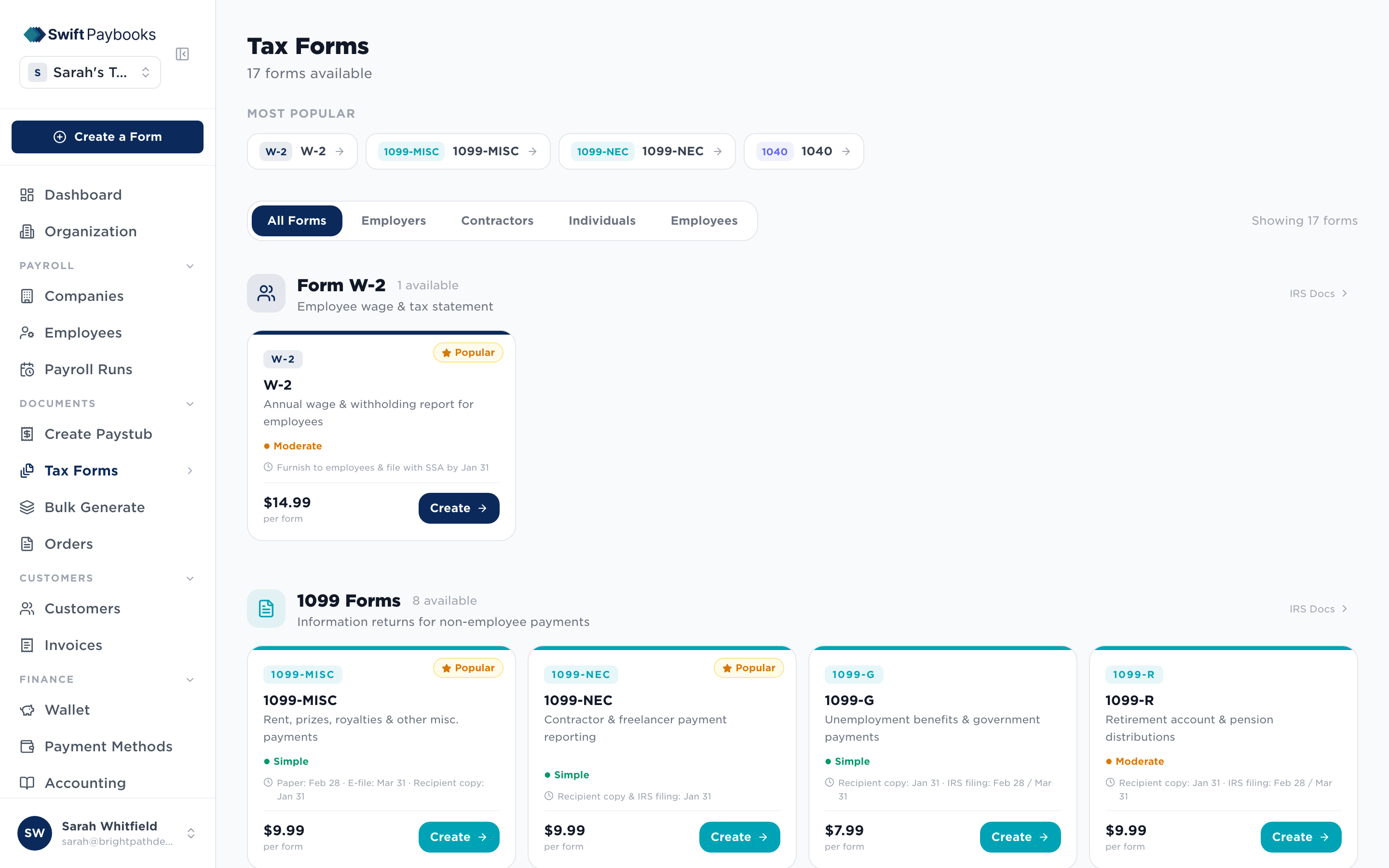 Swift Paybooks tax form catalog showing W-2 and 1099 forms available to generate