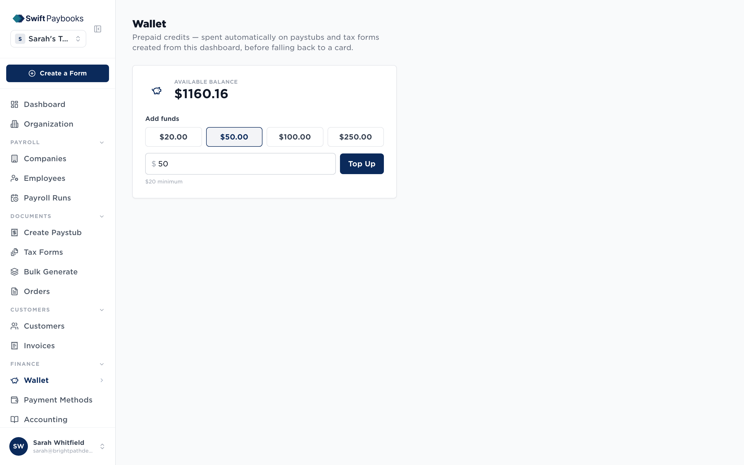 Swift Paybooks wallet page showing prepaid balance and add funds options